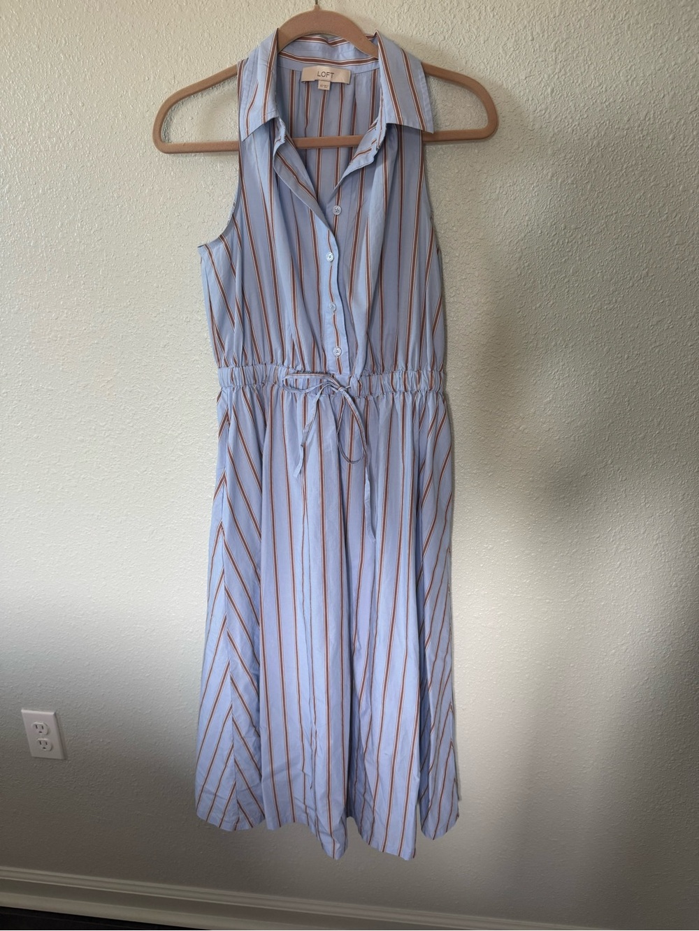 LOFT Light Blue and Rust-Striped Sleeveless Maxi Shirtdress